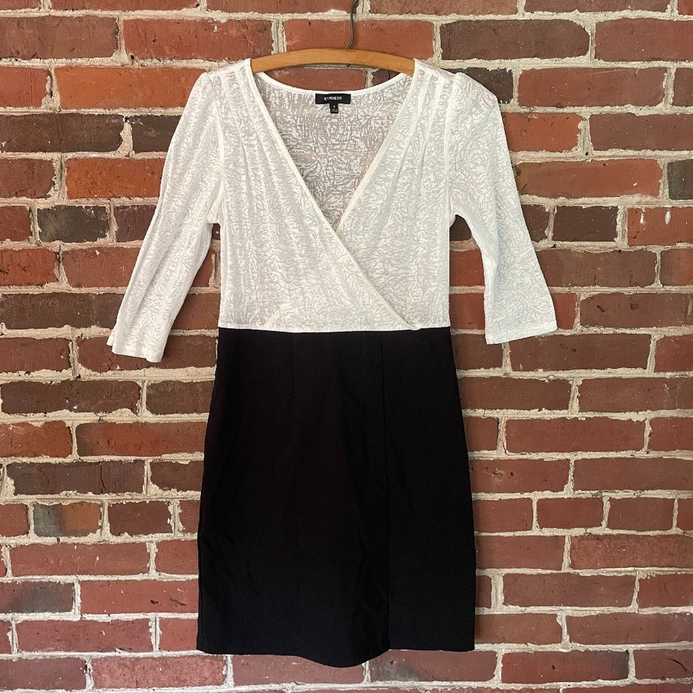 Express Sheer Surplice Mini Dress in Ivory/Black Combo, size Small